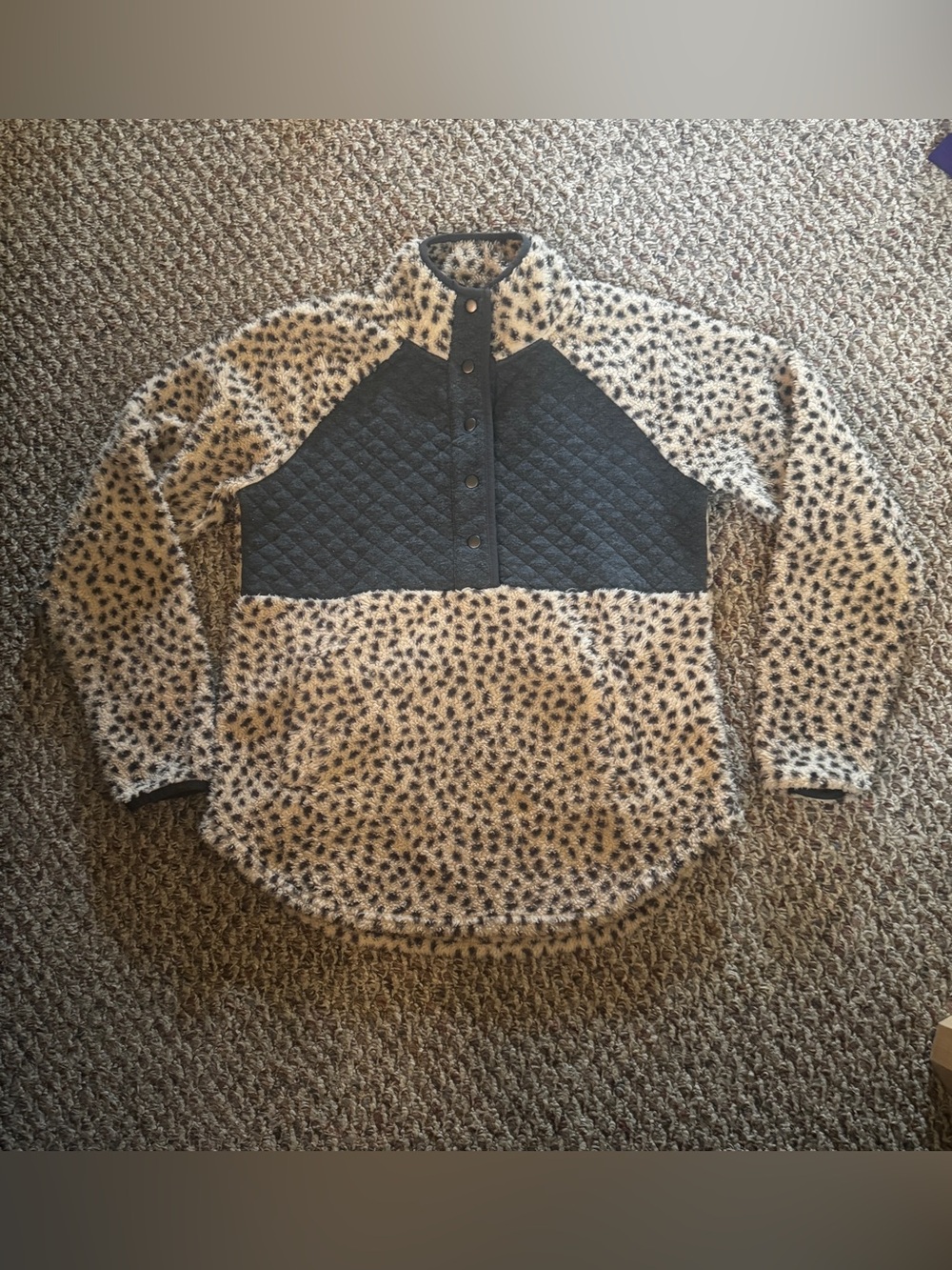 Women’s Plush Pullover Top in Cream Leopard Print with Gray Panel